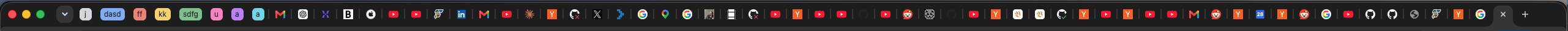 A browser tab bar with far too many tabs open